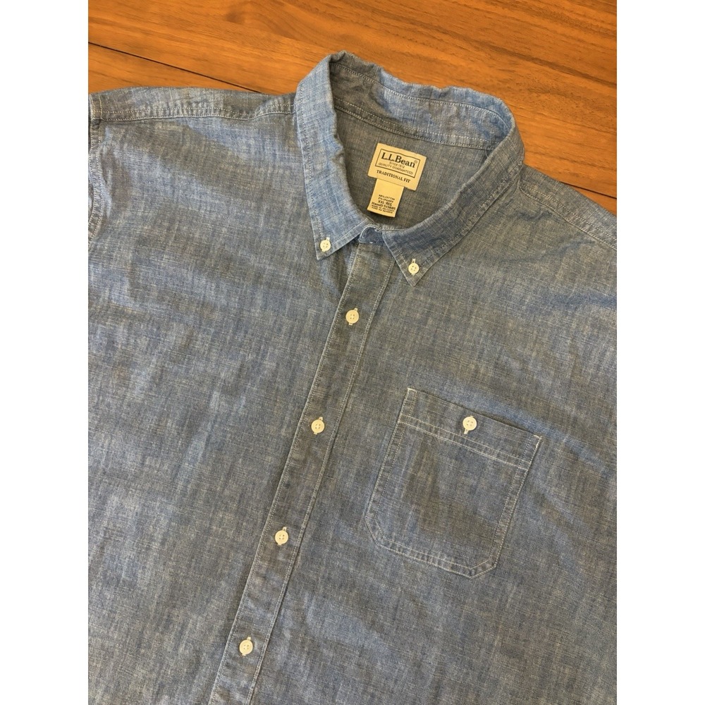 LL Bean Chambray Denim Button Shirt Mens 2XL Blue Short Sleeve Stretch 513685